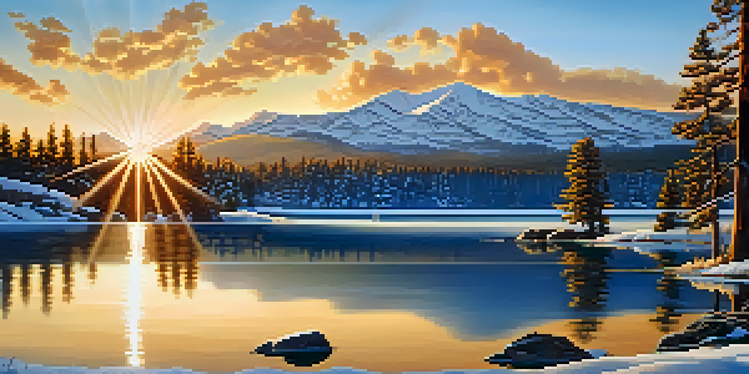 A peaceful sunrise over a lake, with mountains and pine trees reflecting in the water.