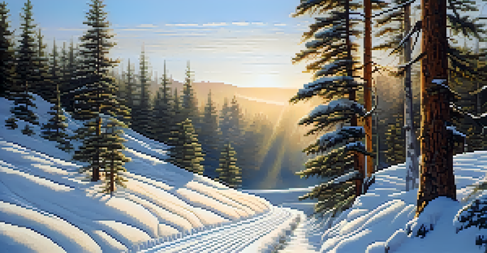 A peaceful winter scene with a snow-covered trail surrounded by tall pine trees and distant mountains.