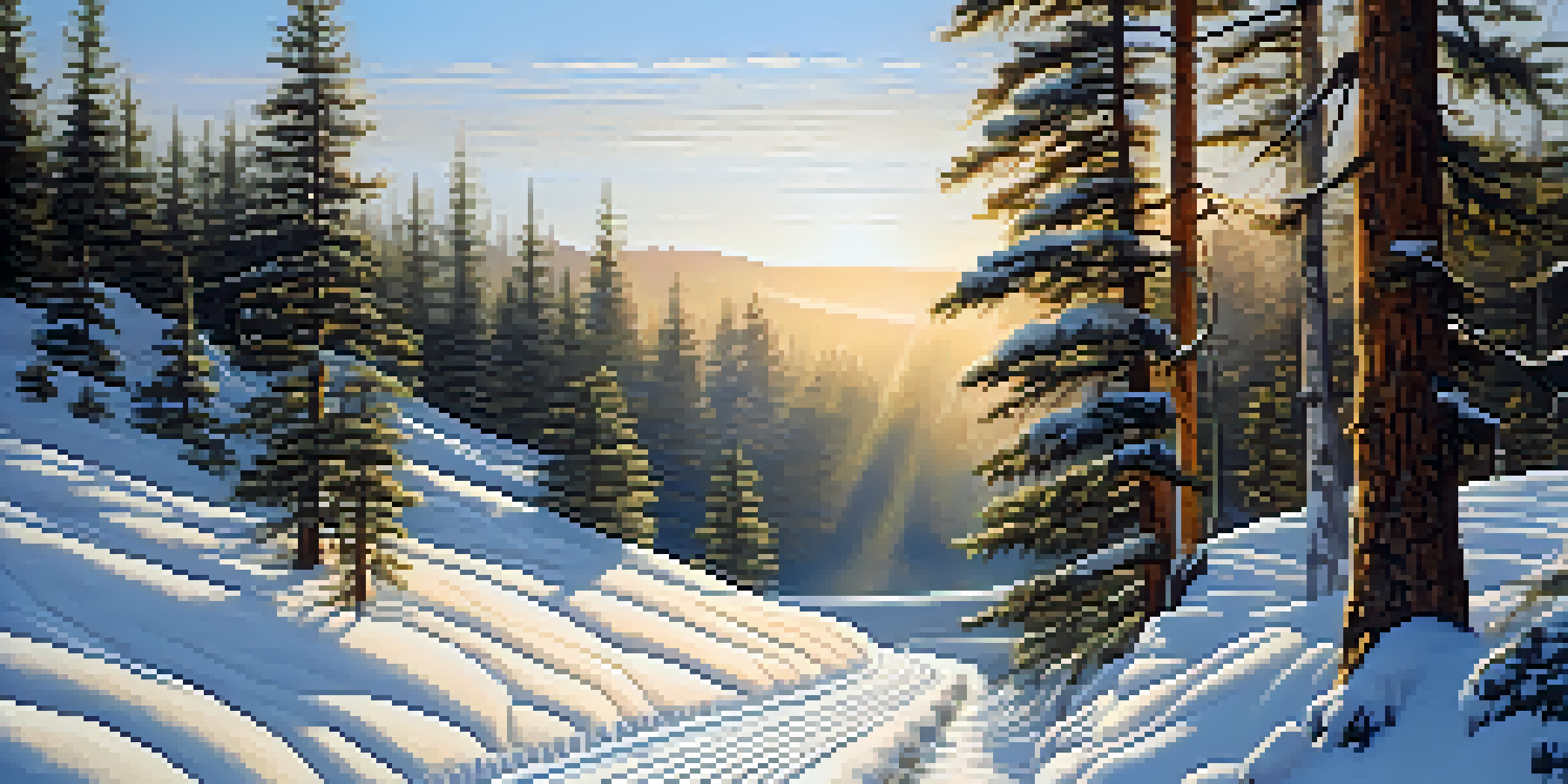 A peaceful winter scene with a snow-covered trail surrounded by tall pine trees and distant mountains.