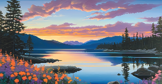 A vibrant sunset over Big Bear Lake with silhouetted mountains and colorful wildflowers in the foreground.
