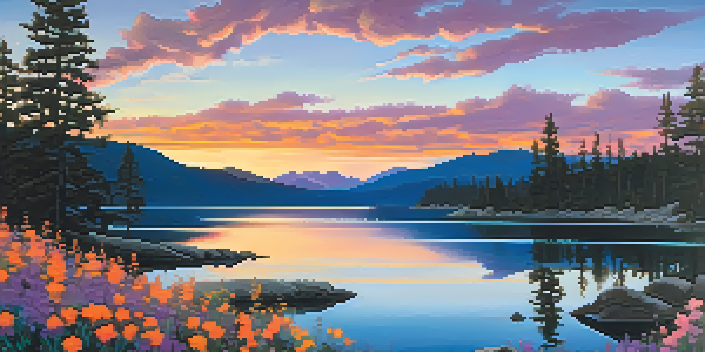 A vibrant sunset over Big Bear Lake with silhouetted mountains and colorful wildflowers in the foreground.