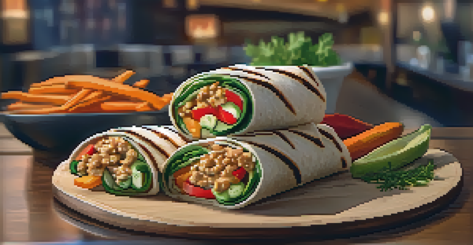 A Grilled Veggie Wrap on a wooden platter with seasonal vegetables and sweet potato fries in a cozy restaurant.