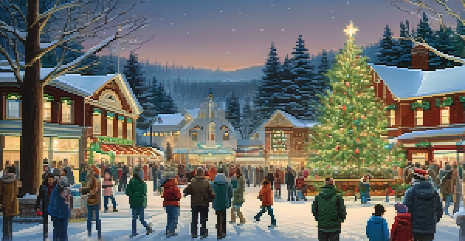 A festive winter town square in Big Bear, decorated with lights and a Christmas tree, filled with visitors enjoying the holiday spirit.