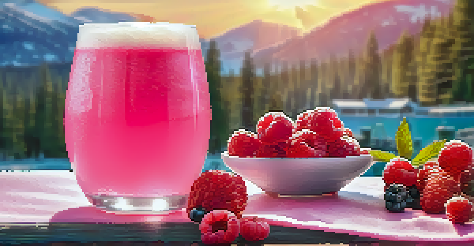 A close-up of a pink sour beer in a frosty glass, garnished with berries, with a sunny outdoor patio in the background.