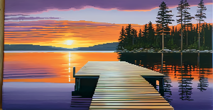 A beautiful sunset over Big Bear Lake with colorful reflections and a wooden dock in the foreground.