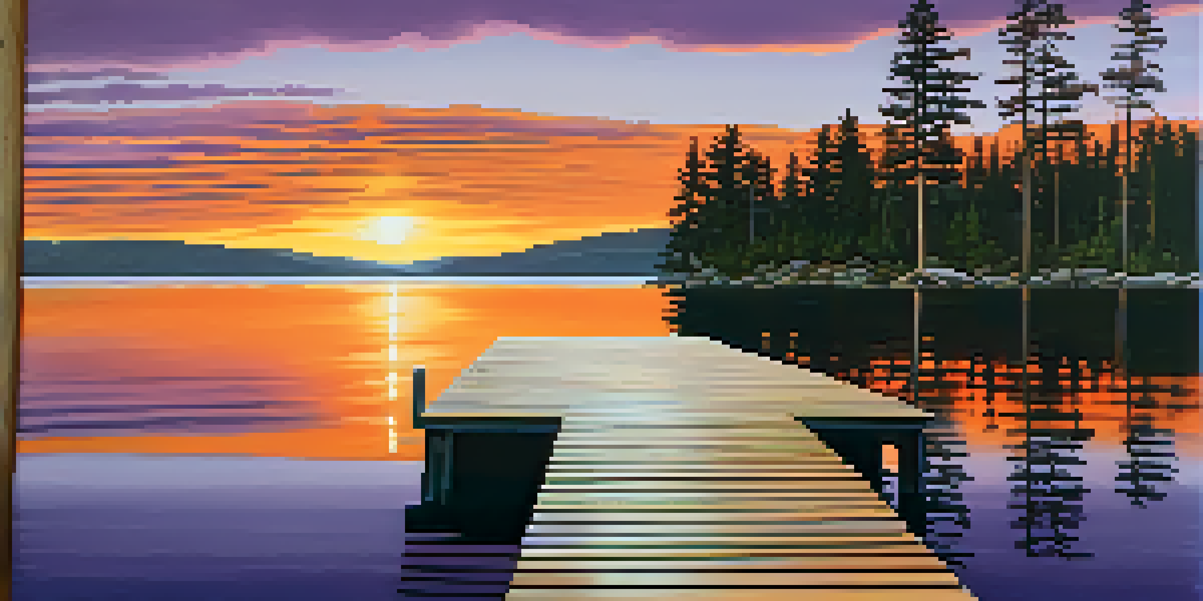 A beautiful sunset over Big Bear Lake with colorful reflections and a wooden dock in the foreground.