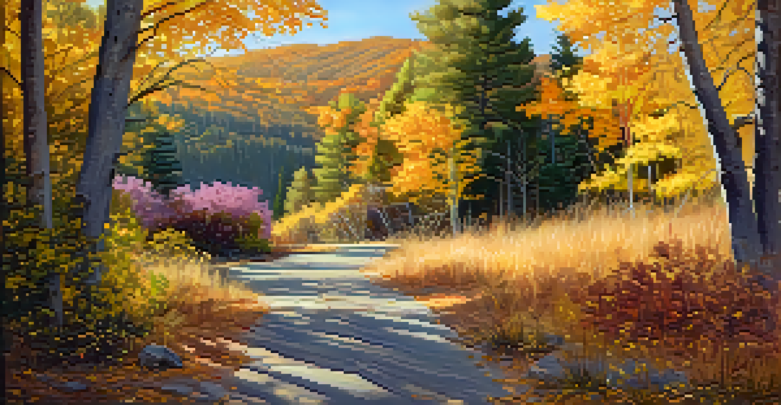 An autumn landscape in Big Bear with blooming asters and vibrant fall leaves, creating a picturesque hiking scene.