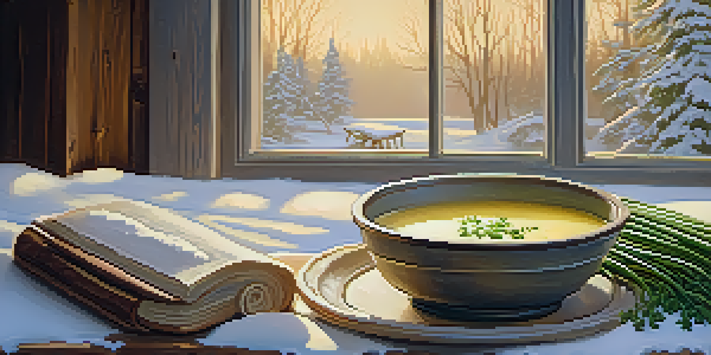 A rustic wooden table with a steaming bowl of creamy potato leek soup and fresh herbs, set against a snowy backdrop.
