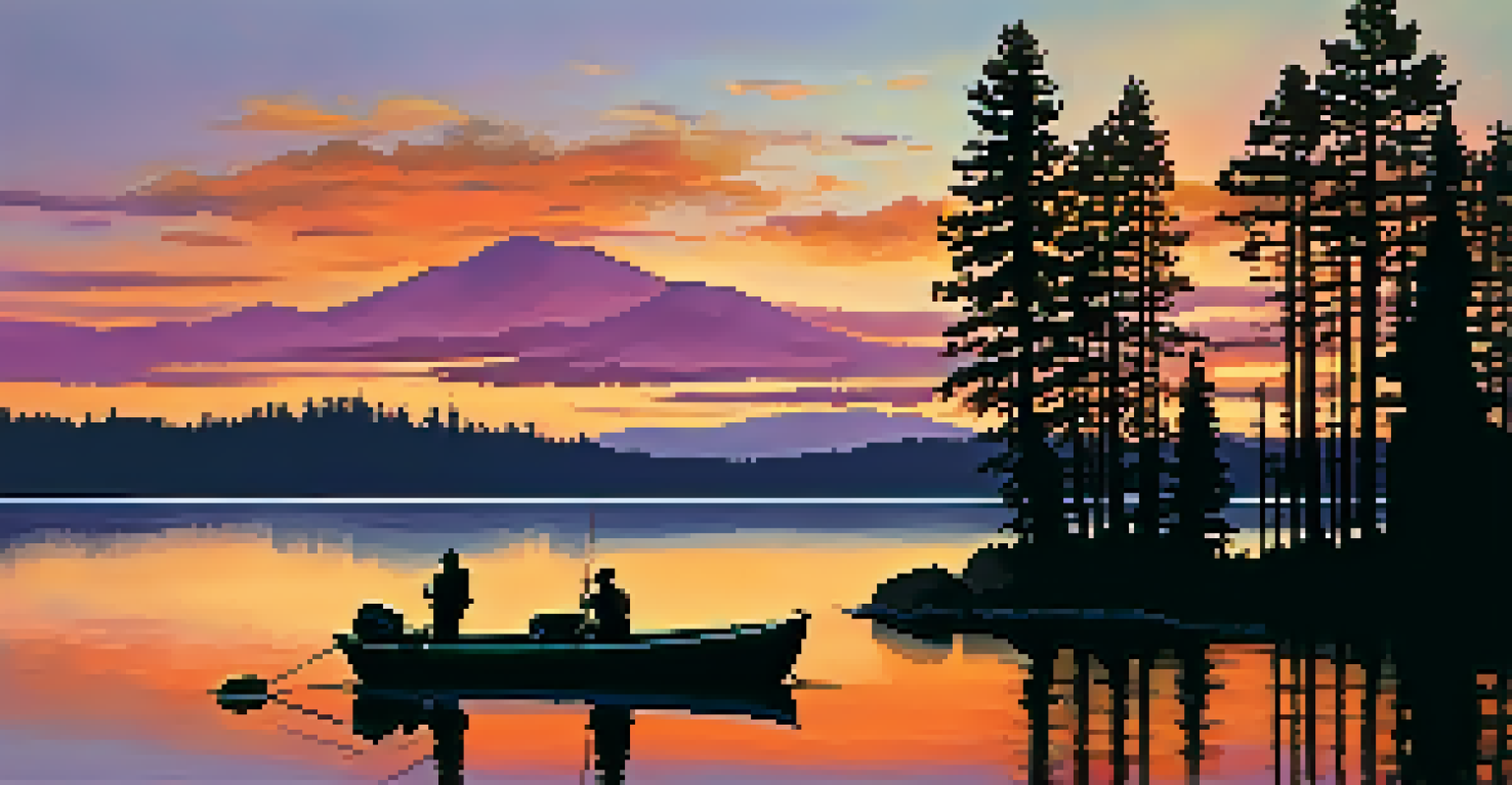 A stunning summer sunset over Big Bear Lake with friends fishing from a boat.