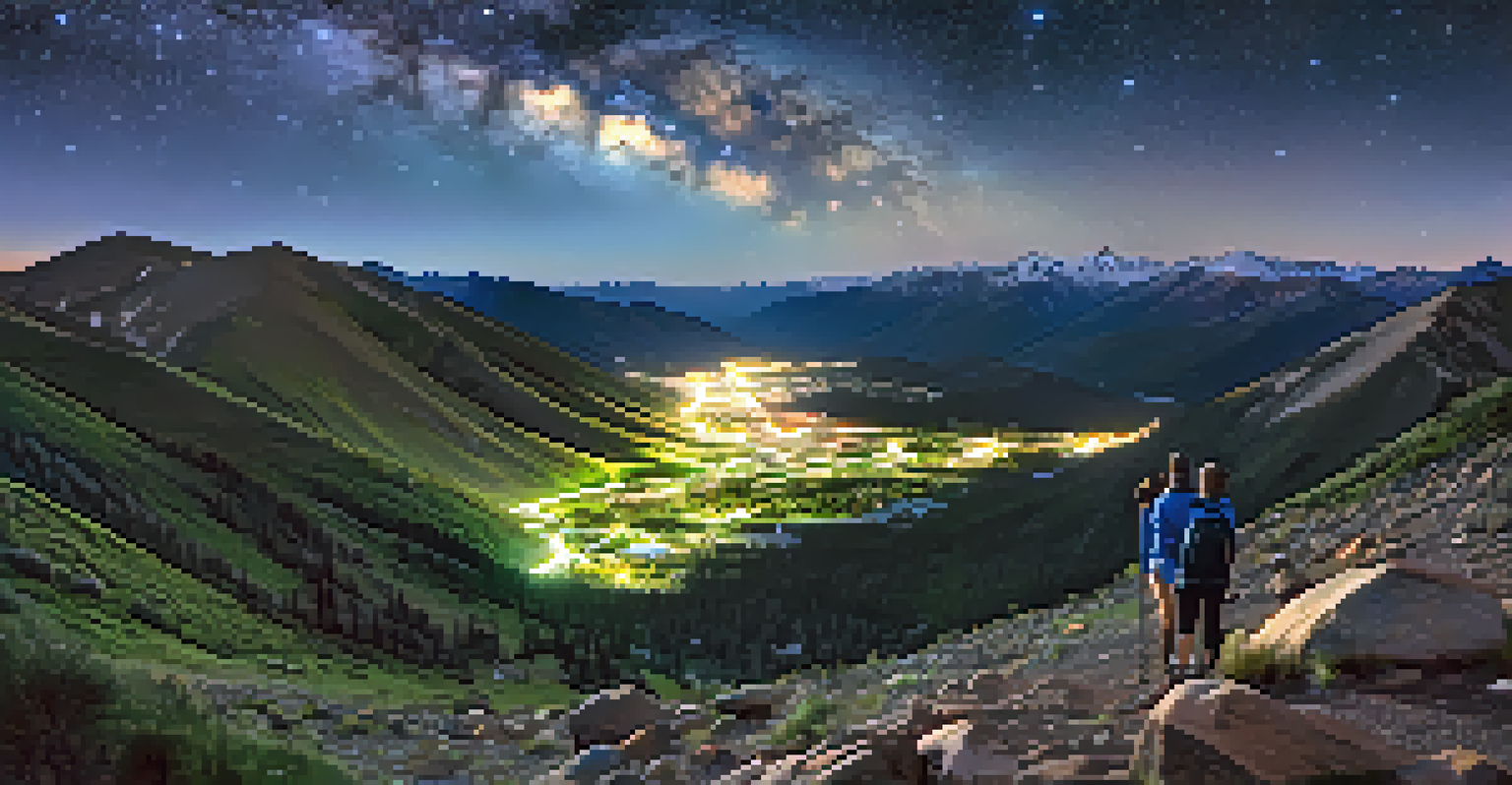 Hikers on Grays Peak Trail at night, illuminated by headlamps, with a stunning view of mountains below and a starry sky above, including a shooting star.