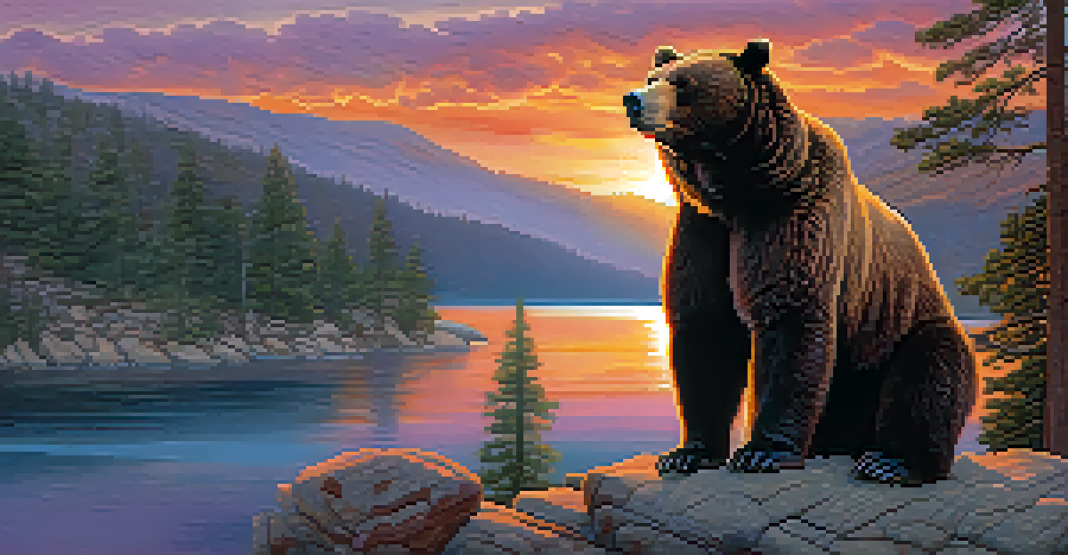 A giant bear on a rocky outcrop with a magical aura overlooking Big Bear Lake at sunset.