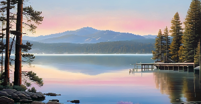 A beautiful sunrise over Big Bear Lake with mist on the water, a wooden pier in the foreground, and mountains in the background.