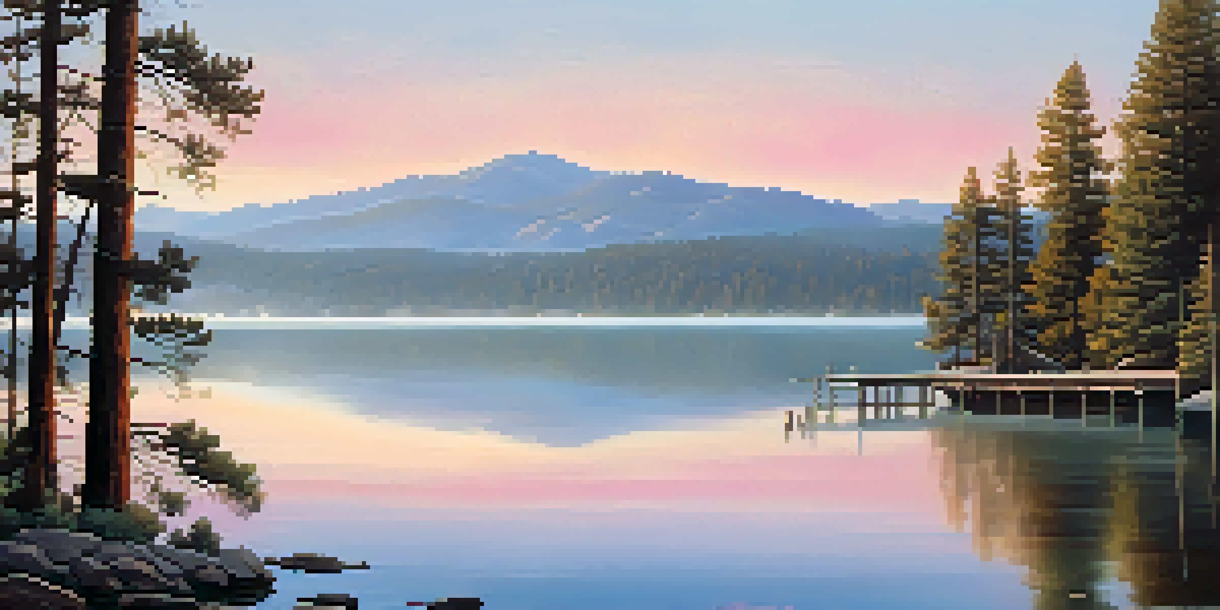 A beautiful sunrise over Big Bear Lake with mist on the water, a wooden pier in the foreground, and mountains in the background.