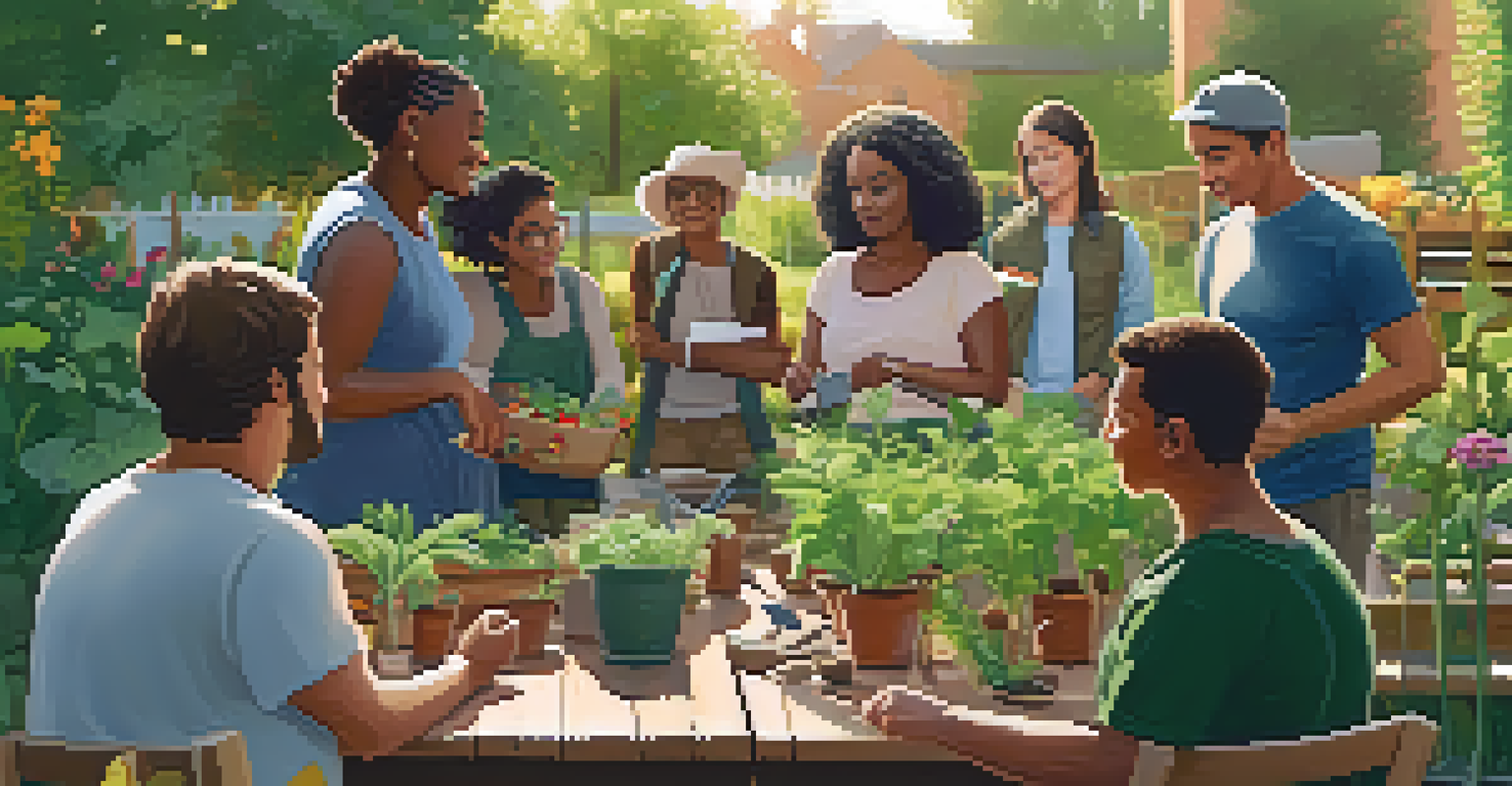 A community workshop in a garden with diverse participants learning about gardening techniques, surrounded by blooming plants.