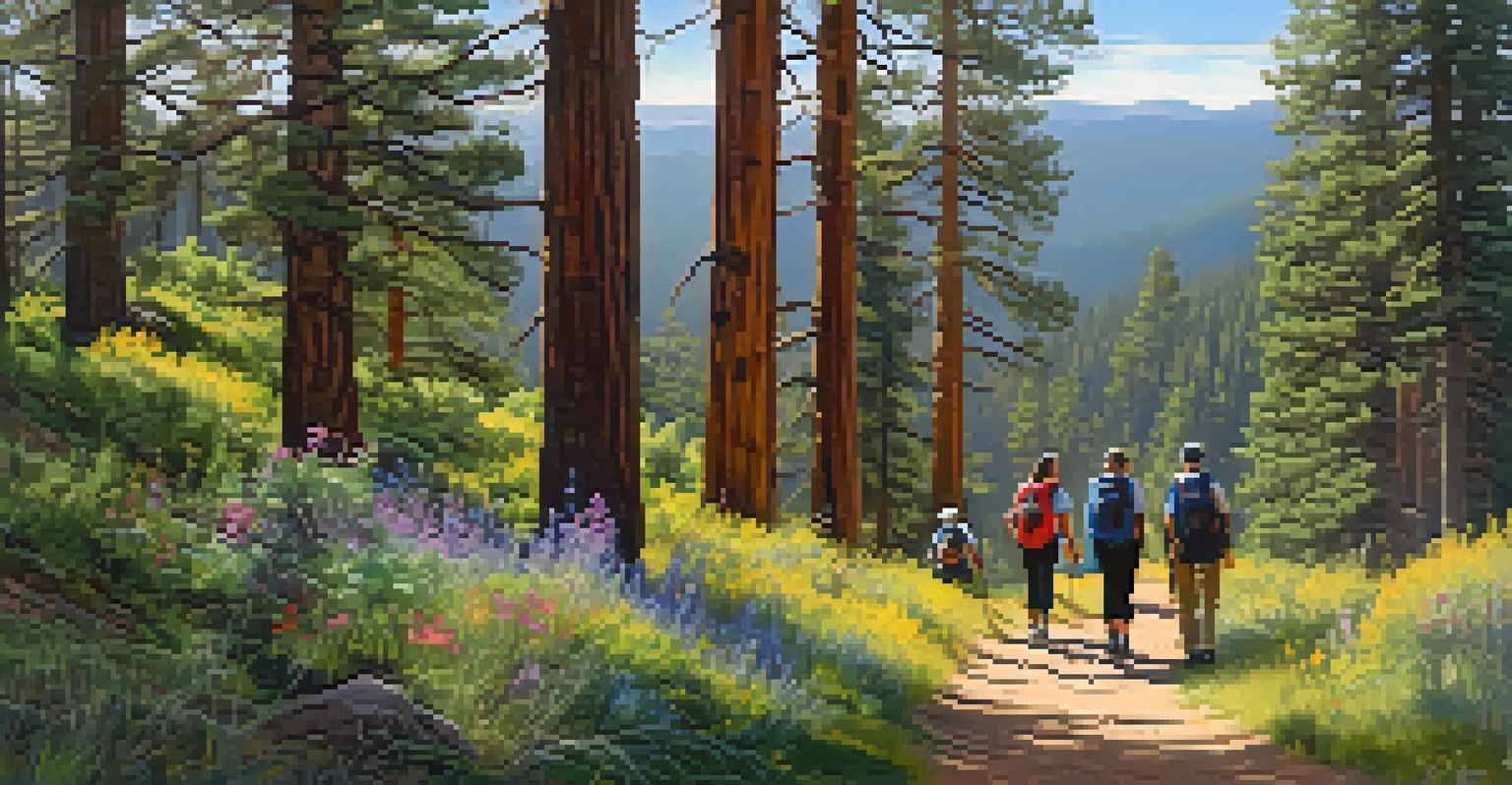 A group of hikers on a nature walk in Big Bear, surrounded by tall trees and wildflowers, with a guide pointing out wildlife.
