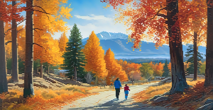 A family walking along a colorful autumn path in Big Bear, surrounded by trees with orange, red, and yellow leaves and mountains in the background.
