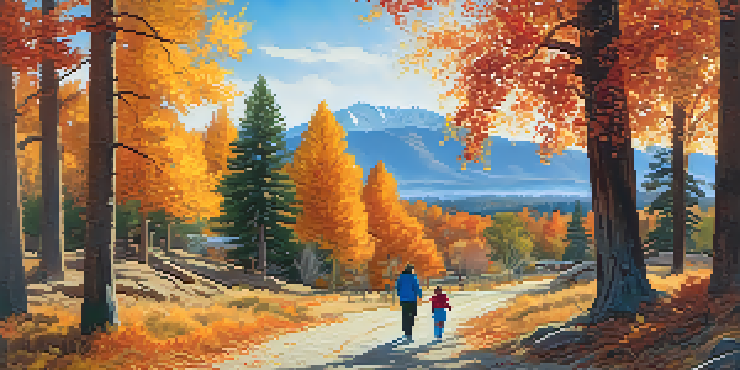 A family walking along a colorful autumn path in Big Bear, surrounded by trees with orange, red, and yellow leaves and mountains in the background.