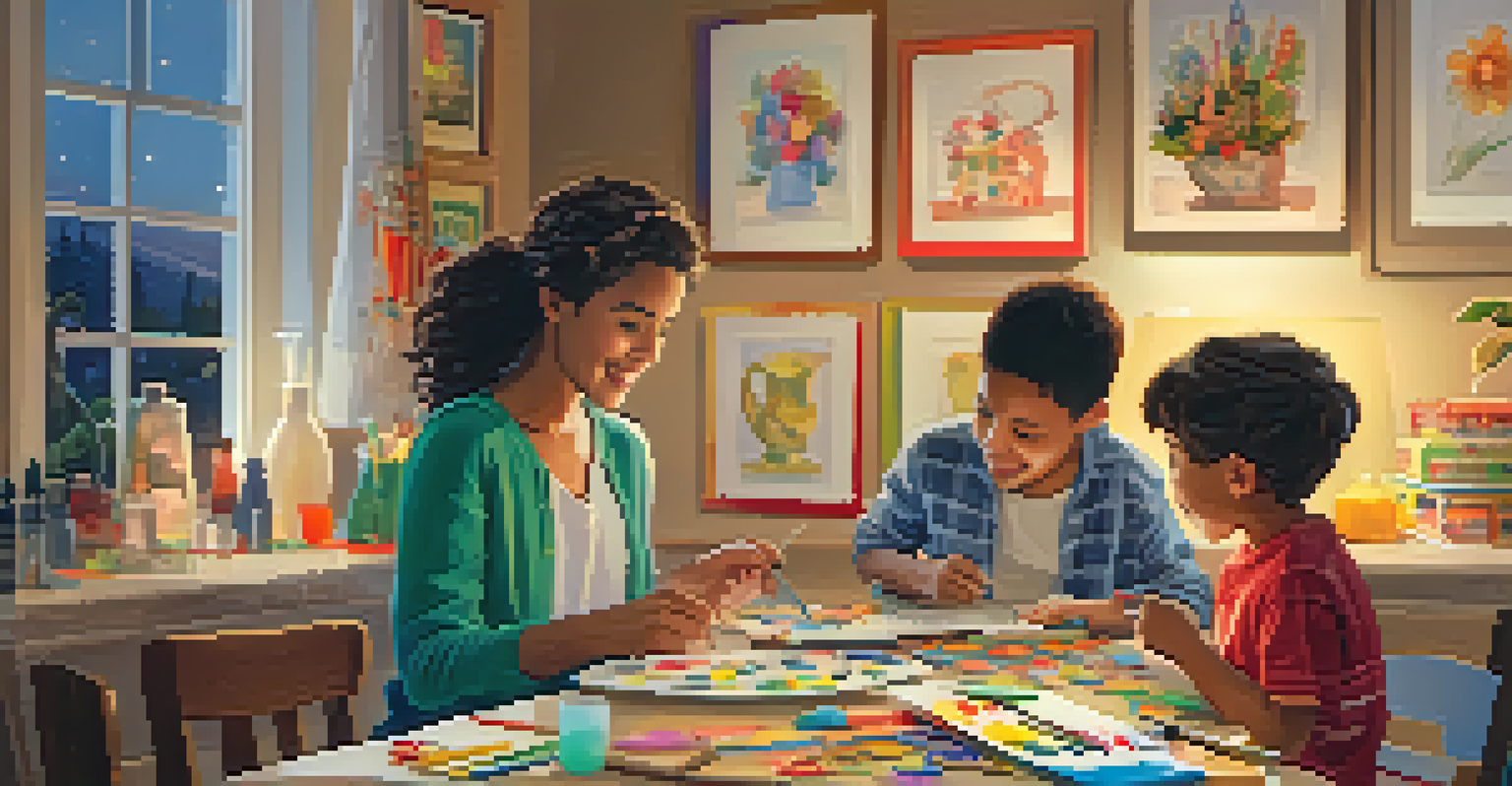 A family enjoying a creative art night together, with various art supplies on the table and finished artwork displayed around the room.