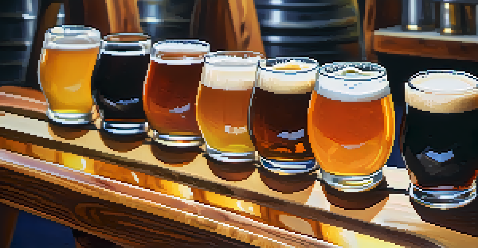A close-up of a beer flight featuring different colorful craft beers in small glasses.
