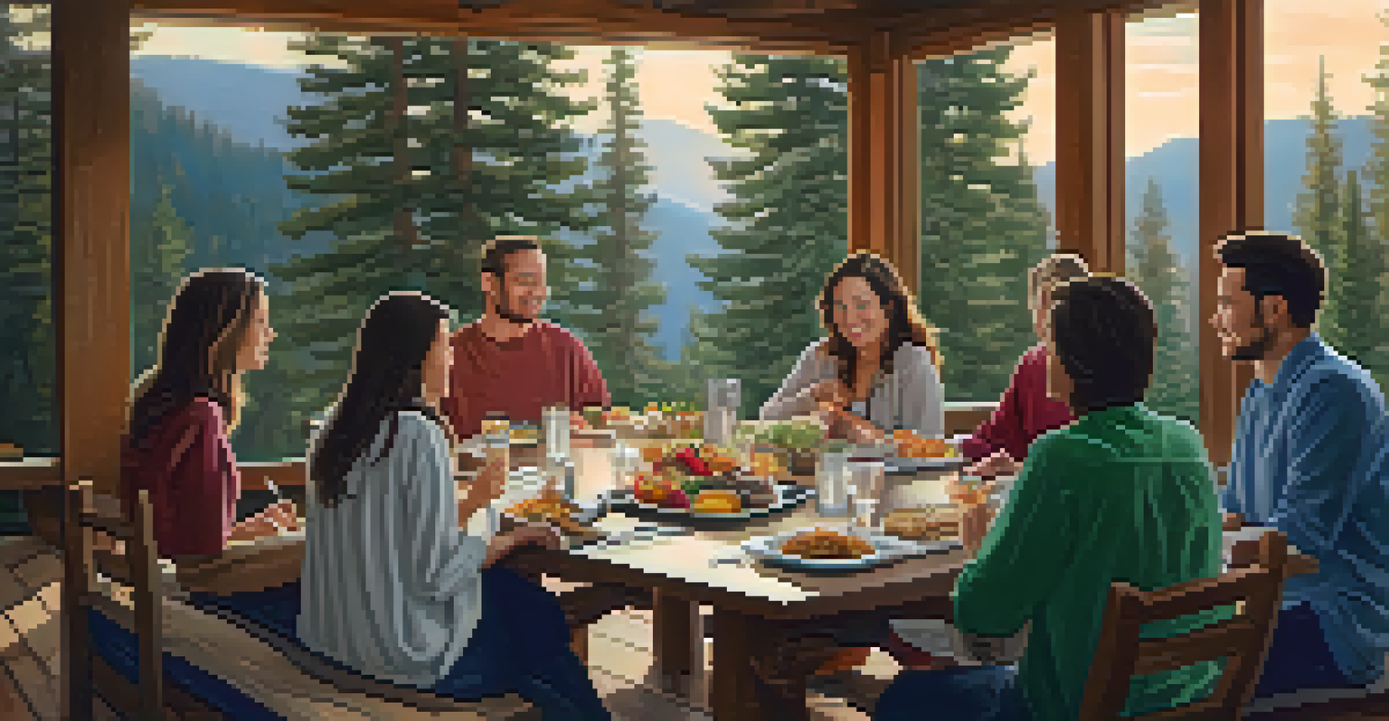 Guests enjoying a mindful eating experience at a wooden table filled with nourishing meals in a serene setting surrounded by nature.