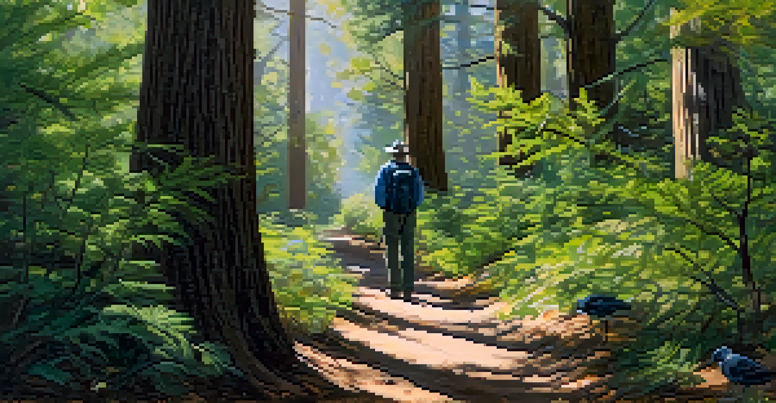 A hiking trail in San Bernardino National Forest with a birdwatcher observing birds among the trees.