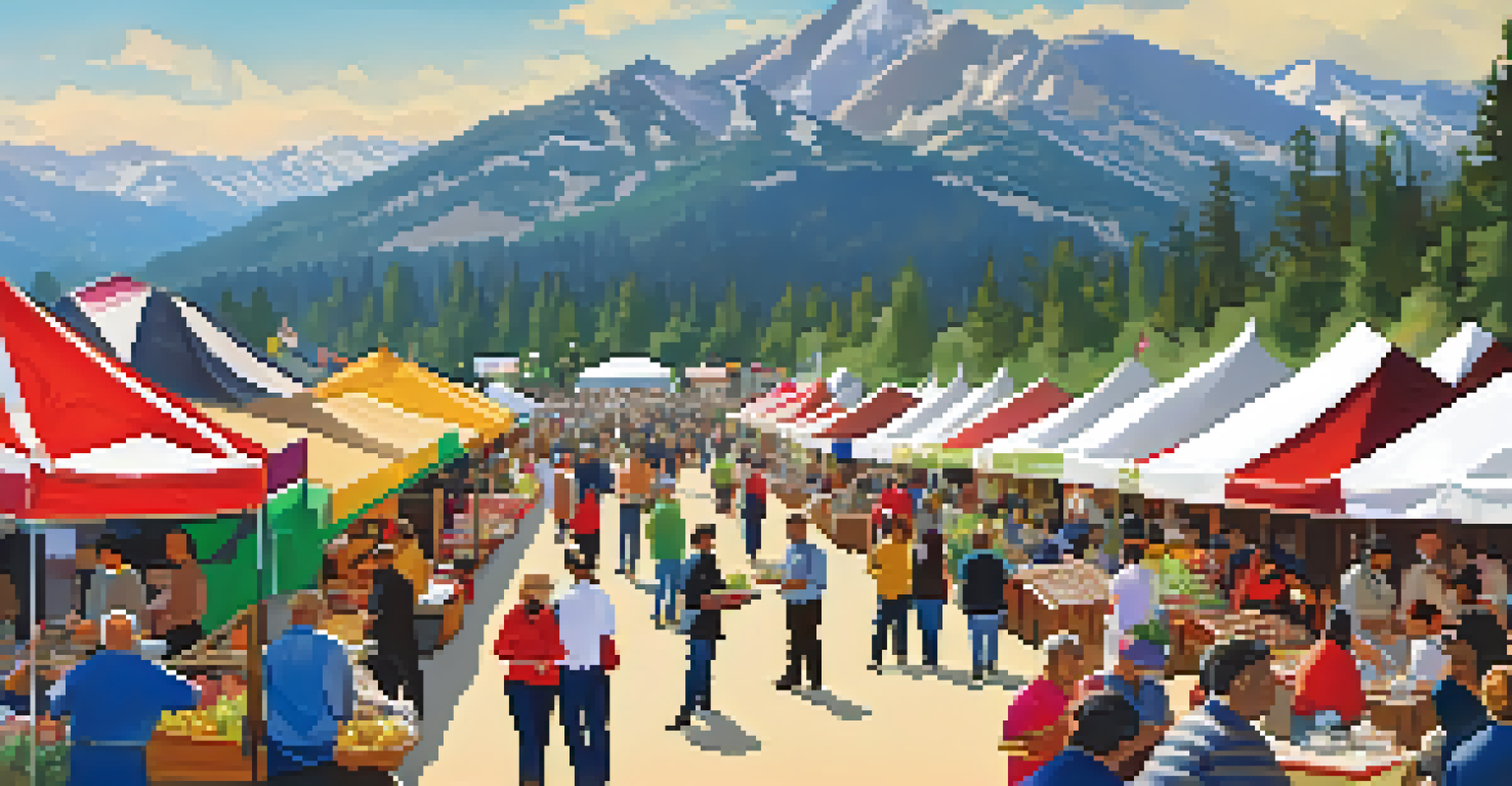 A culinary festival in Big Bear featuring various food stalls and chefs demonstrating cooking, with visitors enjoying local dishes in a picturesque mountain setting.