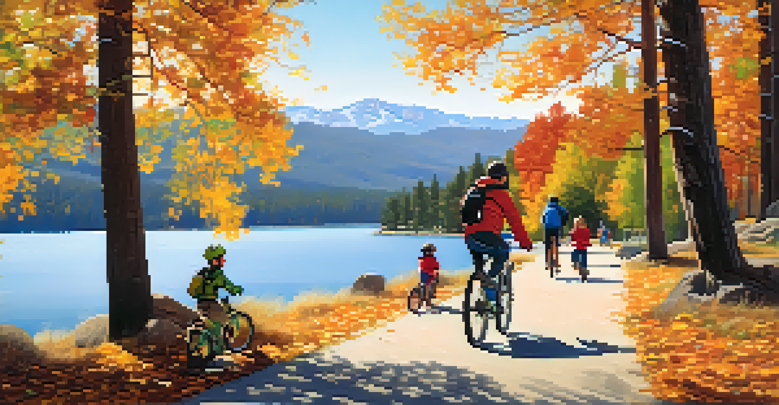 A family biking along the Alpine Pedal Path next to Big Bear Lake, surrounded by trees with colorful autumn leaves.