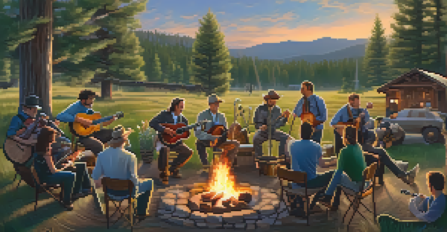 A bluegrass jam session outdoors in Big Bear, with musicians playing around a campfire in a scenic setting.