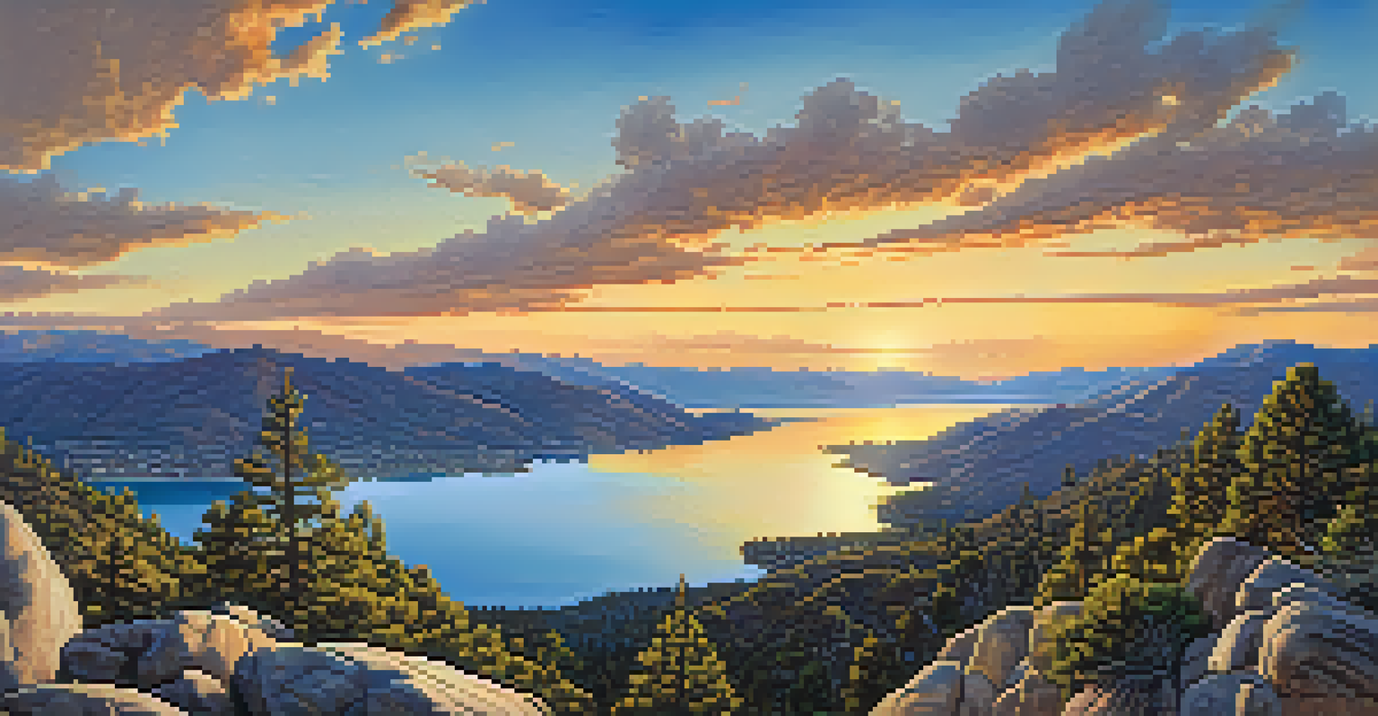 A breathtaking sunset view from Castle Rock Trail overlooking Big Bear Lake and the San Bernardino Mountains, with warm golden light illuminating the landscape.