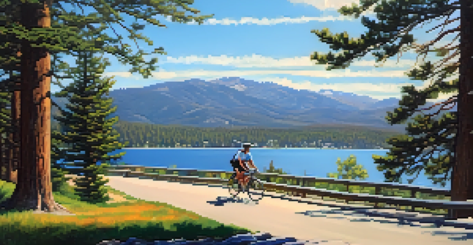 A family biking along a scenic path by Big Bear Lake, surrounded by trees and mountains under a clear sky.