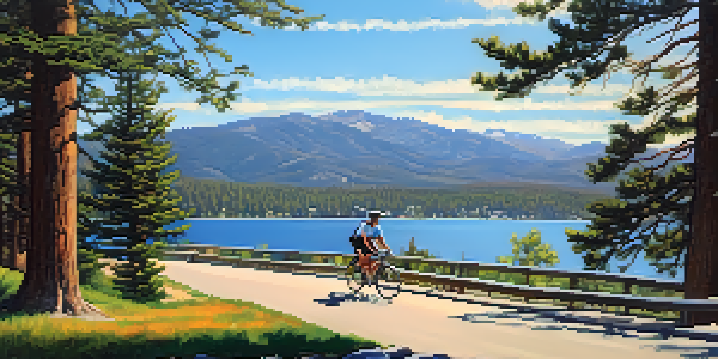 A family biking along a scenic path by Big Bear Lake, surrounded by trees and mountains under a clear sky.