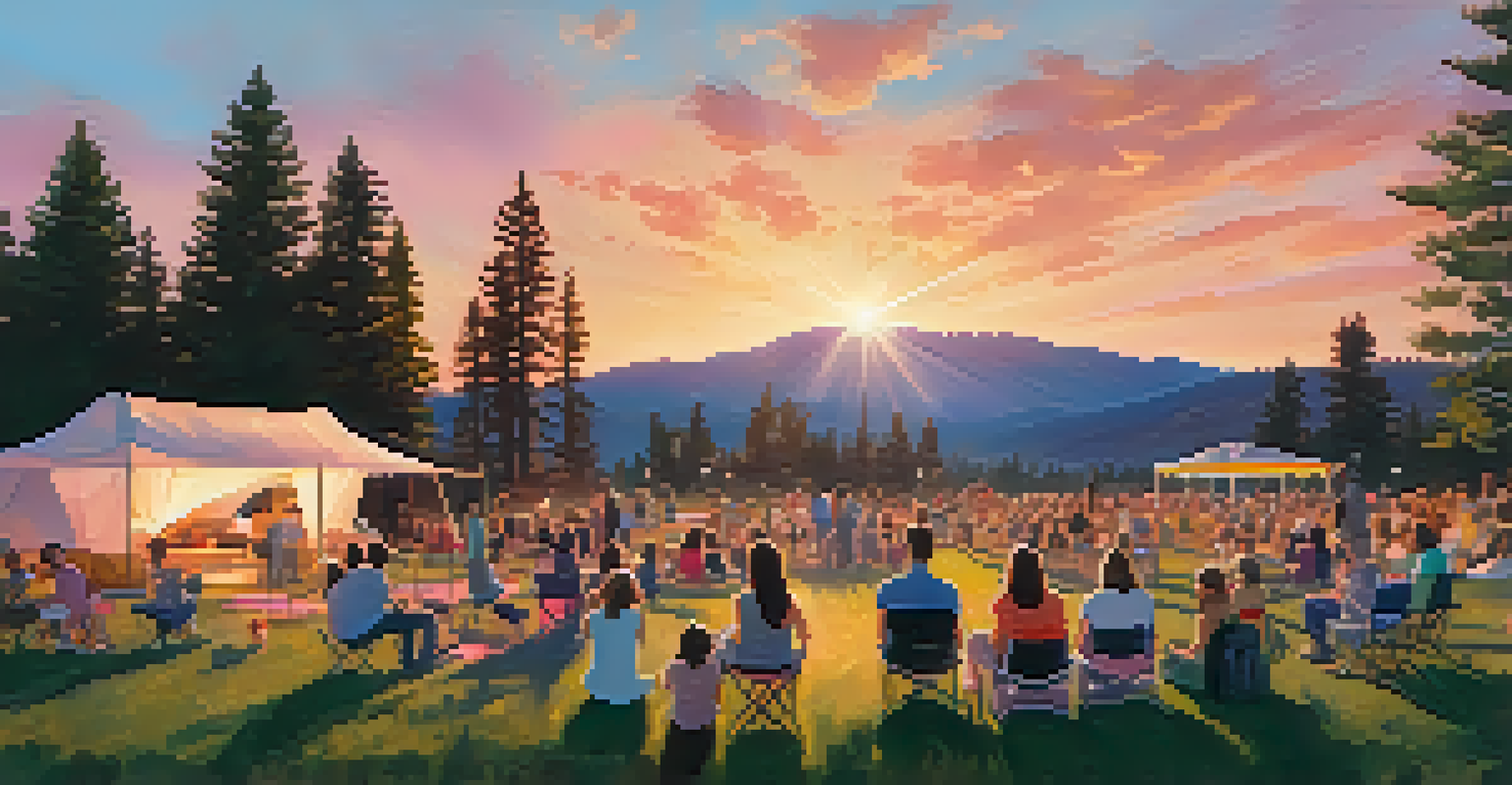 A summer concert at Meadow Park in Big Bear, with families on picnic blankets, a sunset sky, and musicians performing on stage.