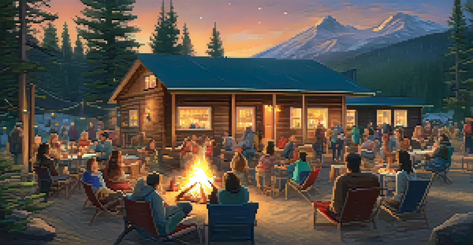 Families enjoying a community event outside a Big Bear cabin, with a bonfire, crafts, and string lights against a starry sky.
