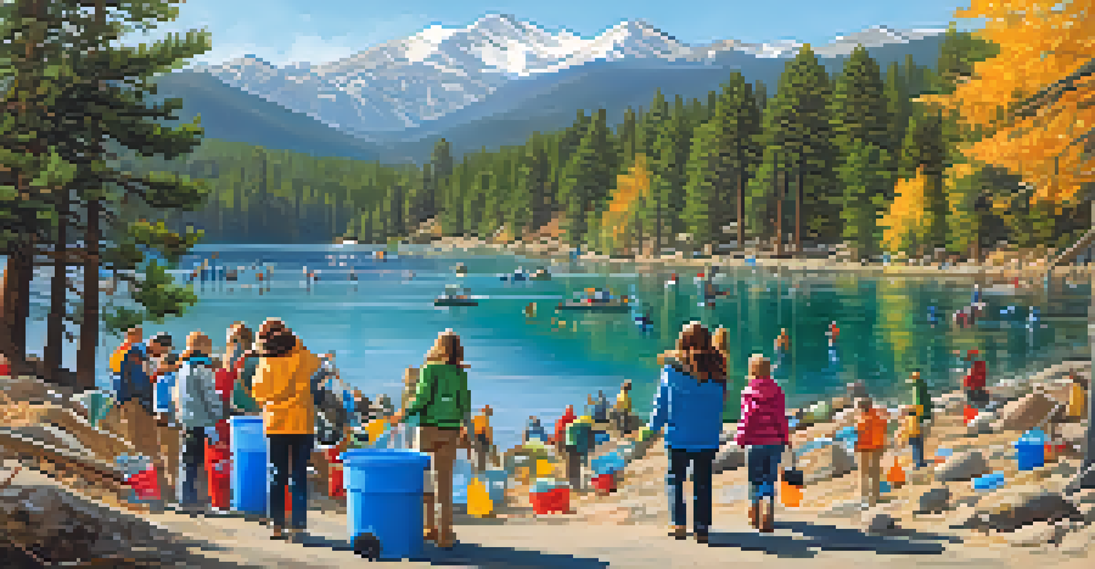 Volunteers cleaning up around Big Bear lake during the Clean-Up Day, with mountains and clear water in the background.