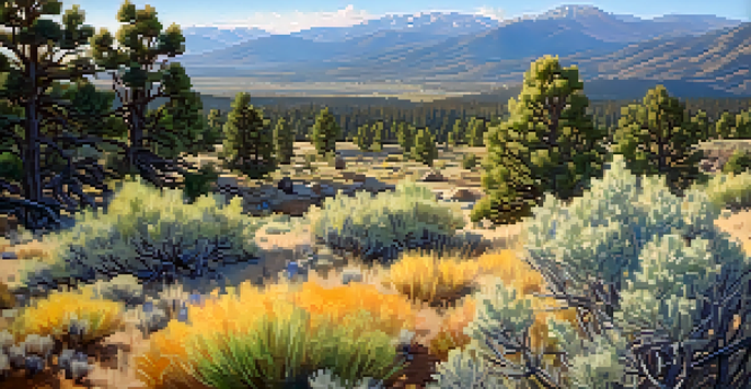 A picturesque summer landscape in Big Bear with blooming sagebrush in the foreground and mountains in the background under a clear blue sky.