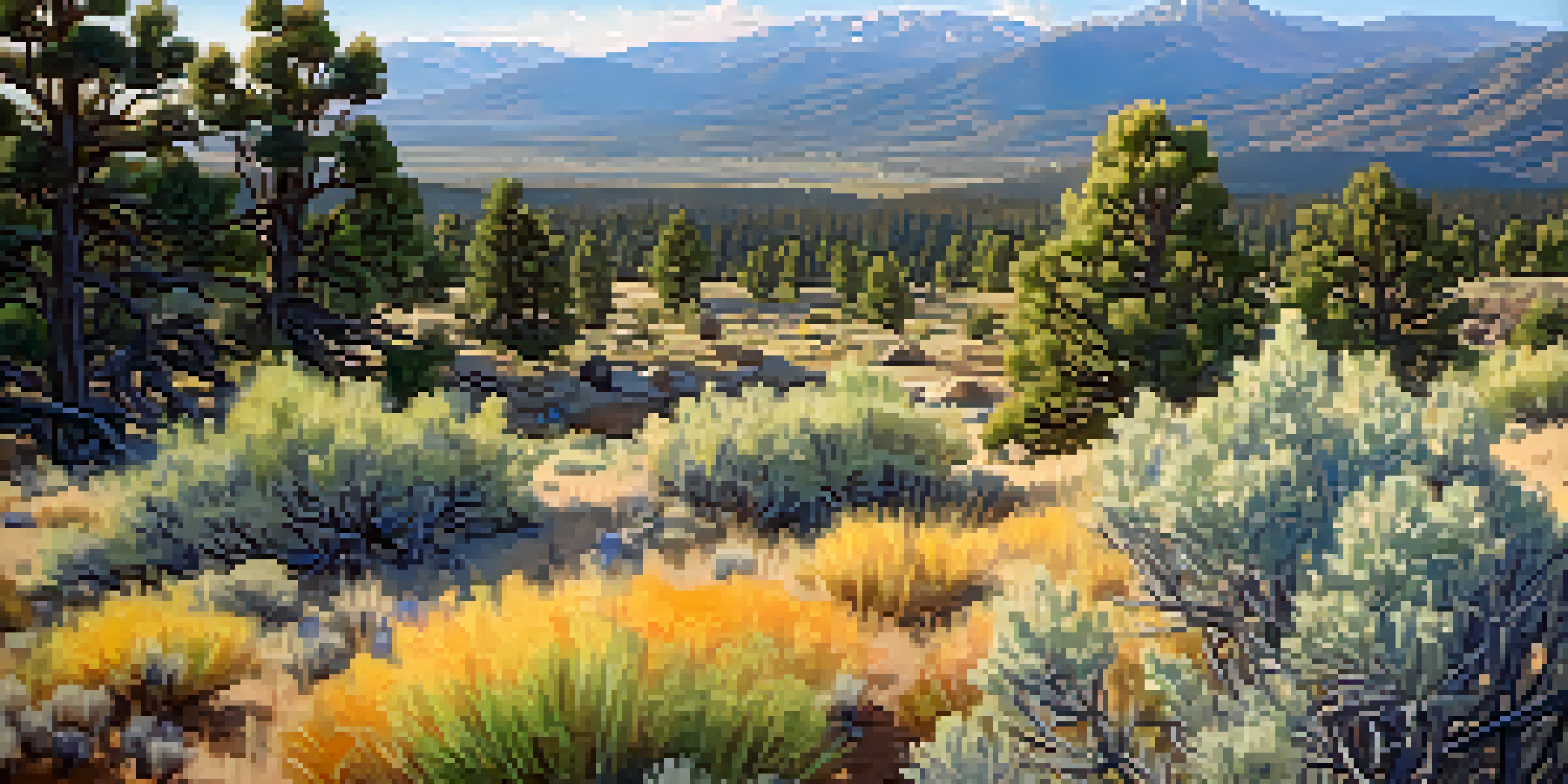 A picturesque summer landscape in Big Bear with blooming sagebrush in the foreground and mountains in the background under a clear blue sky.