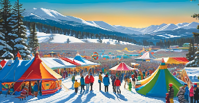 A lively winter festival in Big Bear, featuring families snow tubing on a snowy hill with colorful tents and snow-capped mountains in the background.