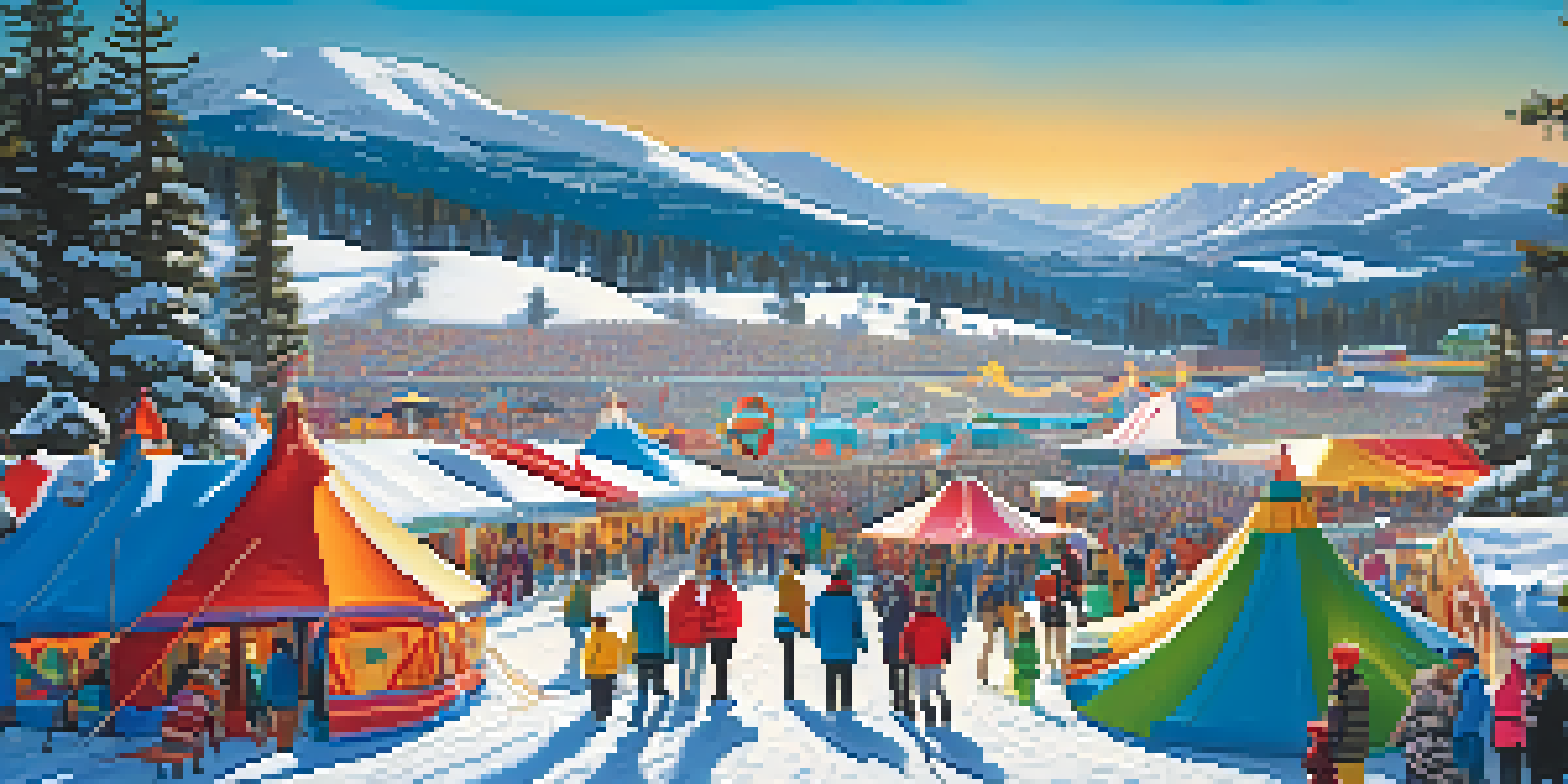 A lively winter festival in Big Bear, featuring families snow tubing on a snowy hill with colorful tents and snow-capped mountains in the background.
