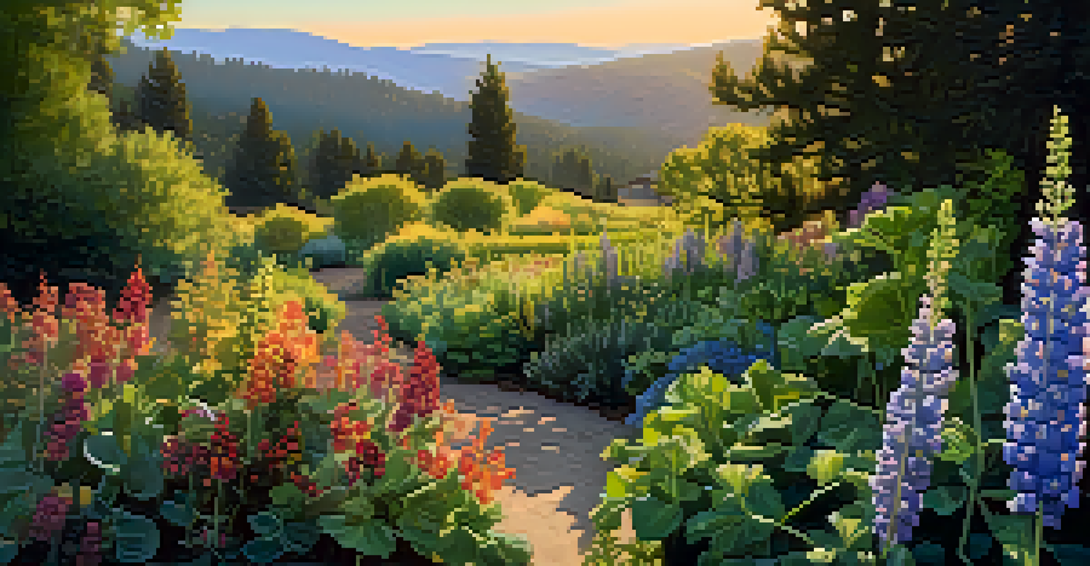 A vibrant garden filled with cool-season crops and native flowers, illuminated by warm golden hour light.
