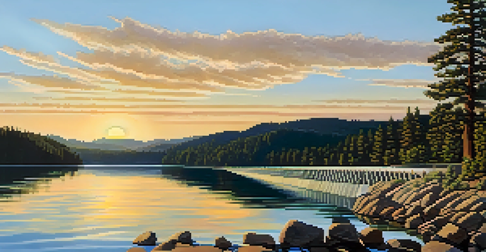 A scenic sunset view of Big Bear Lake Dam with lush greenery and a reflective lake.