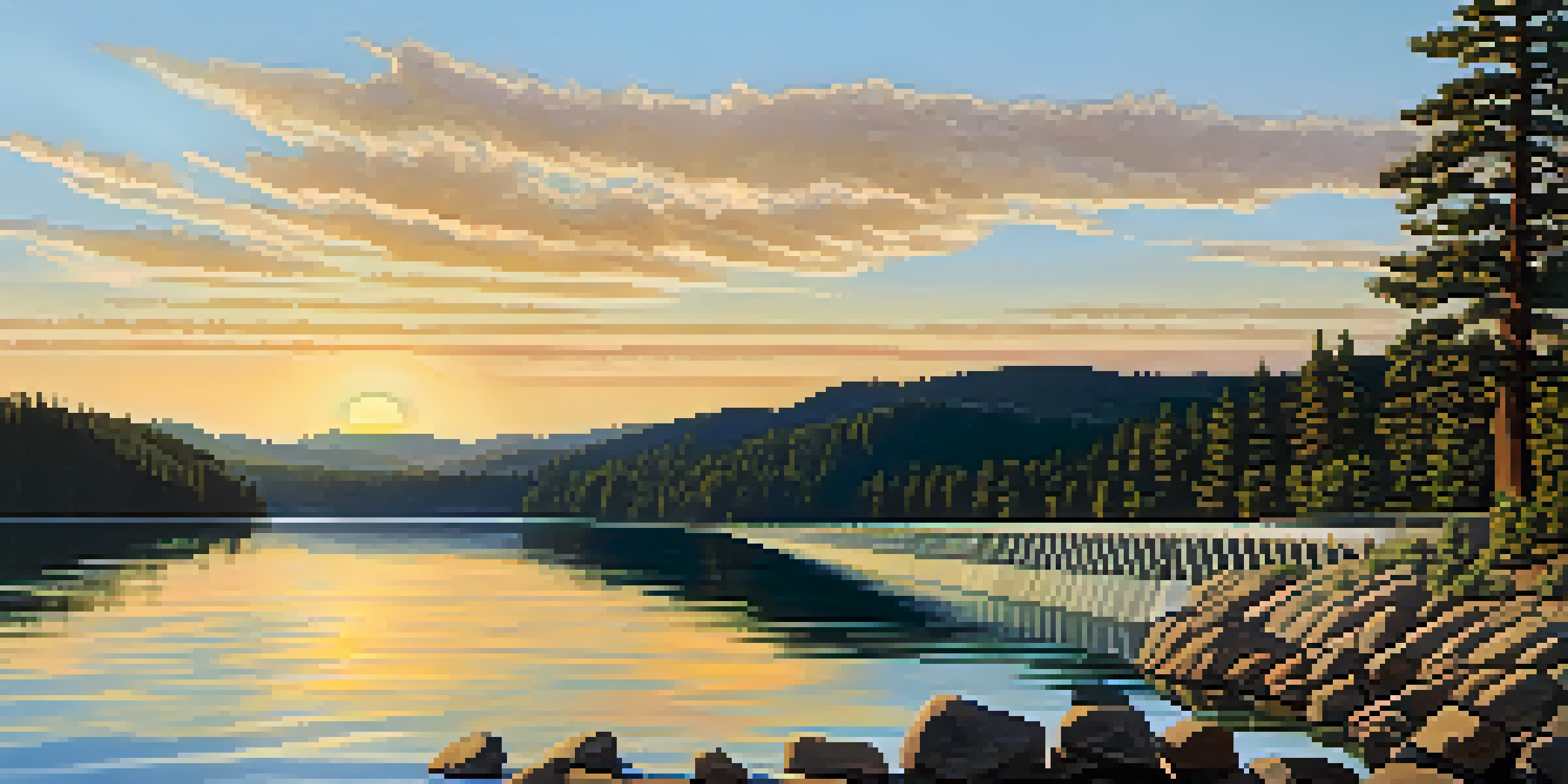 A scenic sunset view of Big Bear Lake Dam with lush greenery and a reflective lake.