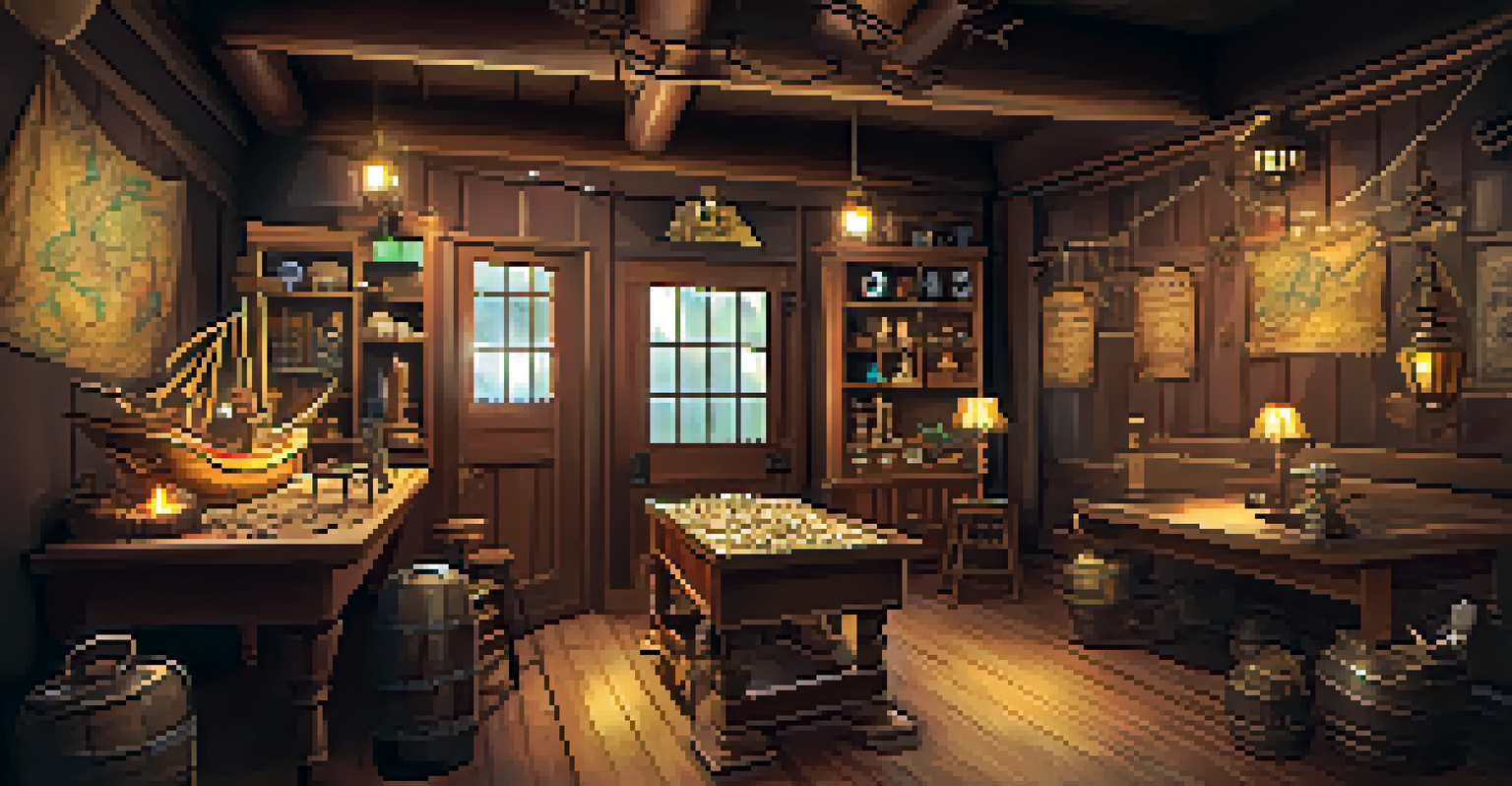 A family enjoying a pirate-themed escape room, searching for treasure among pirate decorations.