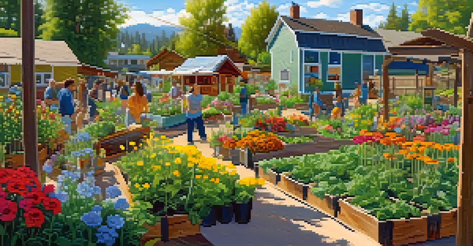 A community garden bustling with residents planting vegetables and sharing produce under a clear blue sky.