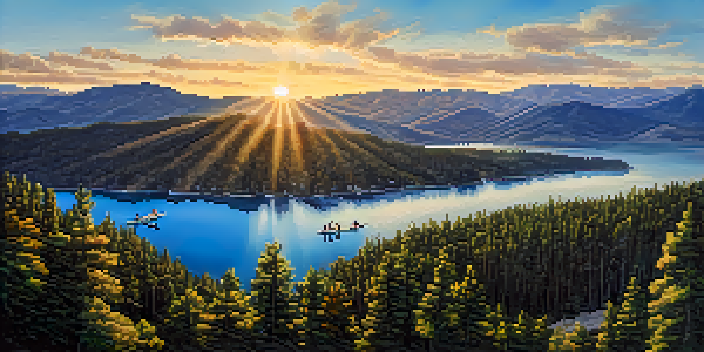 Aerial view of Big Bear Lake with forests and mountains, showcasing eco-friendly activities like kayaking and hiking during sunset.