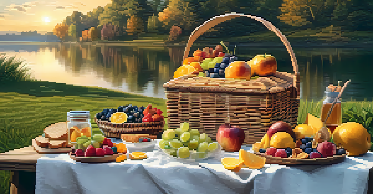 A close-up of a picnic basket filled with fruits and sandwiches, set against a stunning sunset near a lake, with warm golden light illuminating the scene.