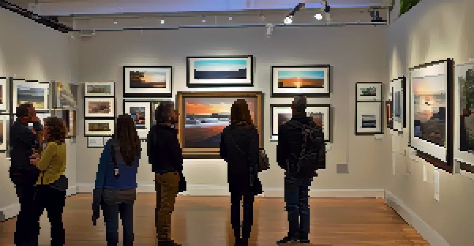 People enjoying a photography exhibition in a gallery, looking at framed photos.