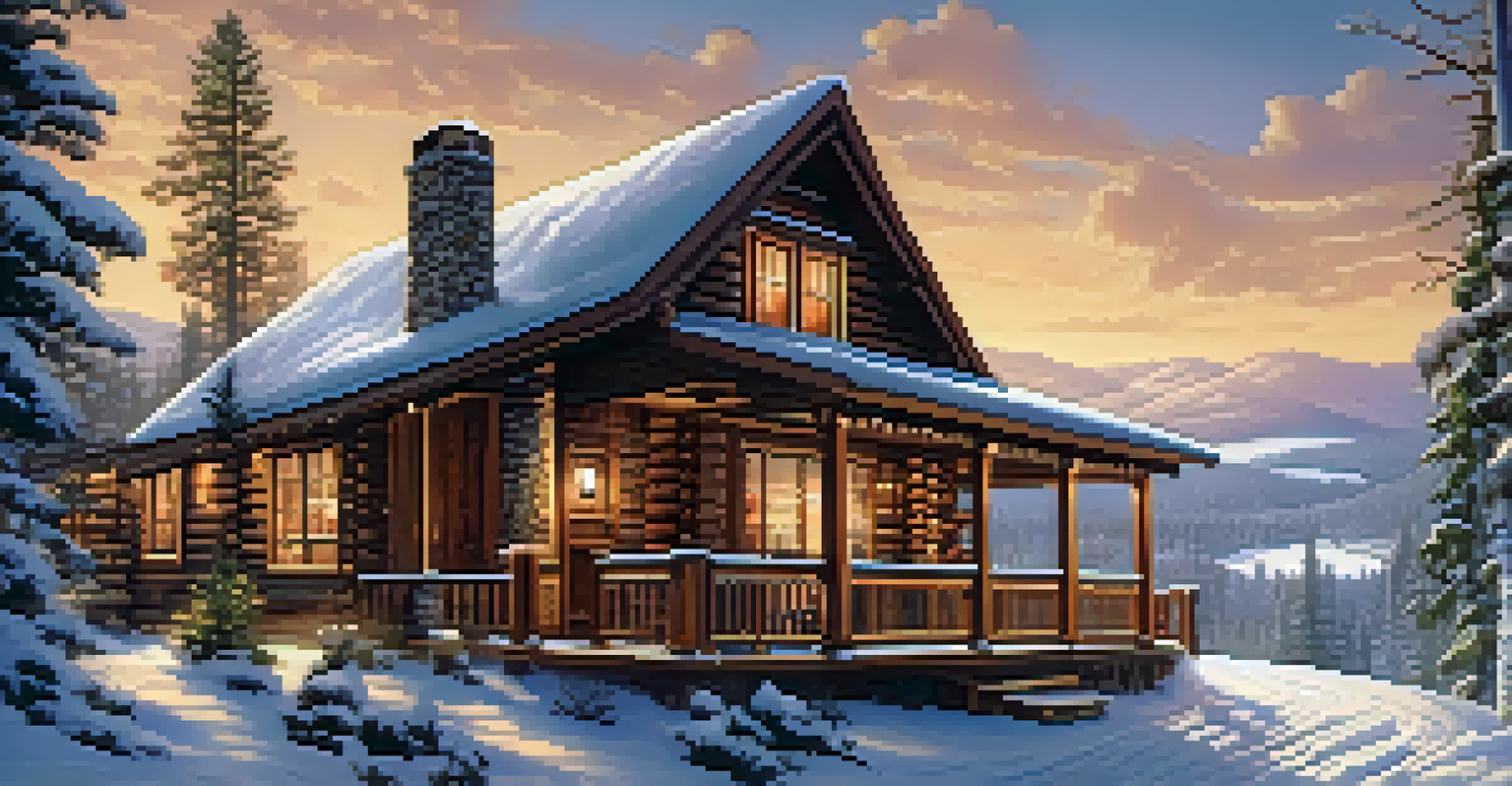 A cozy cabin in a snowy forest with friends enjoying hot drinks on the porch after skiing.
