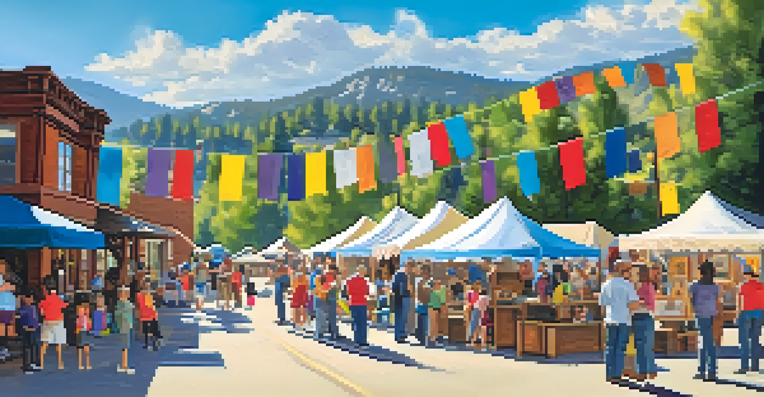 A lively community event at the Big Bear Historical Museum, featuring families engaged in crafts and activities under colorful tents, with artists displaying their work.