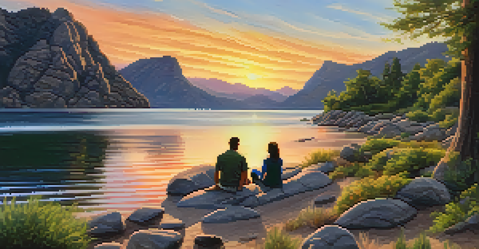 A couple enjoying a romantic picnic at Boulder Bay Park during sunset, with colorful skies and reflections on the lake.