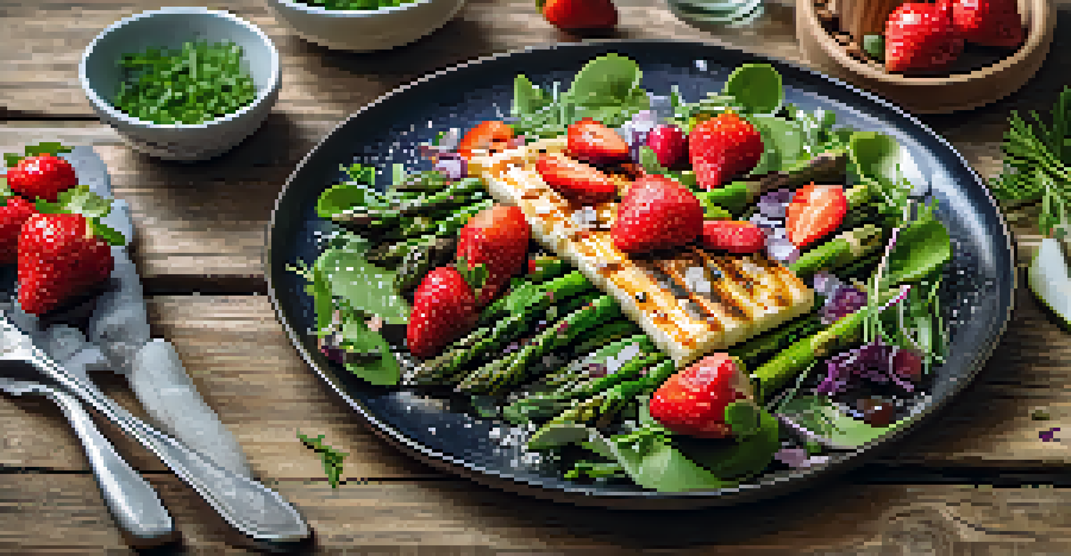 A plate of grilled asparagus and a fresh strawberry salad on a rustic table, showcasing bright colors and textures.